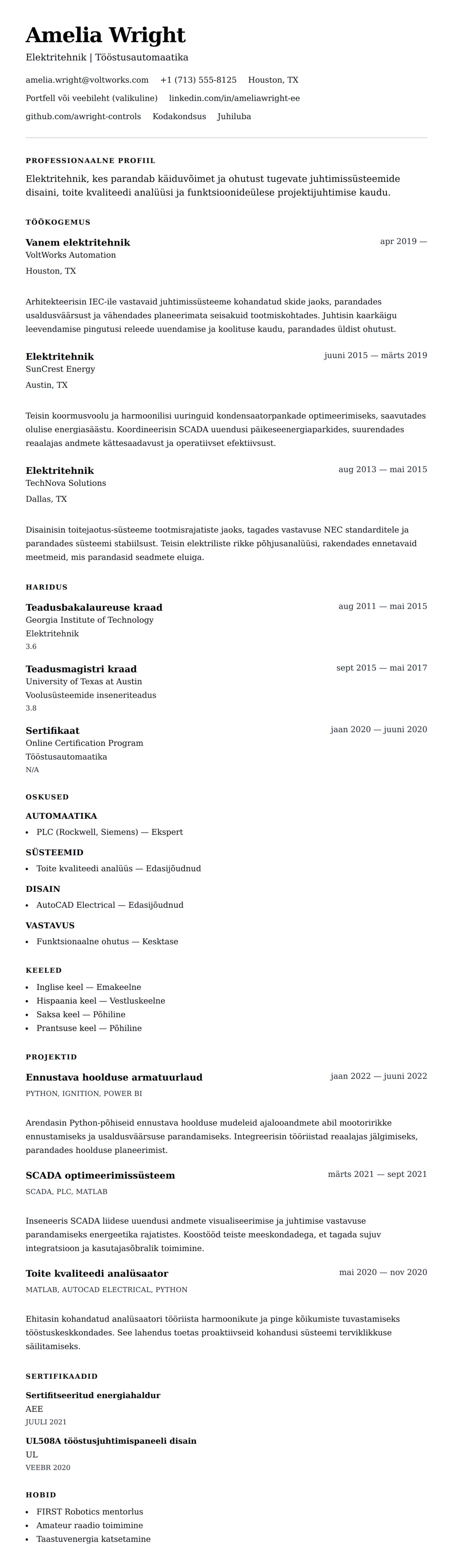 CV eelvaade Elektritehniku CV näidis jaoks