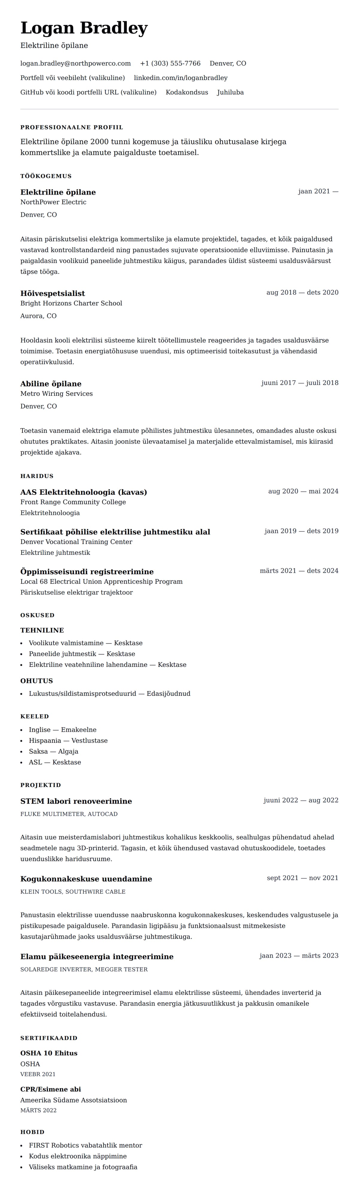 CV eelvaade Elektritööde õpilase CV näidis jaoks