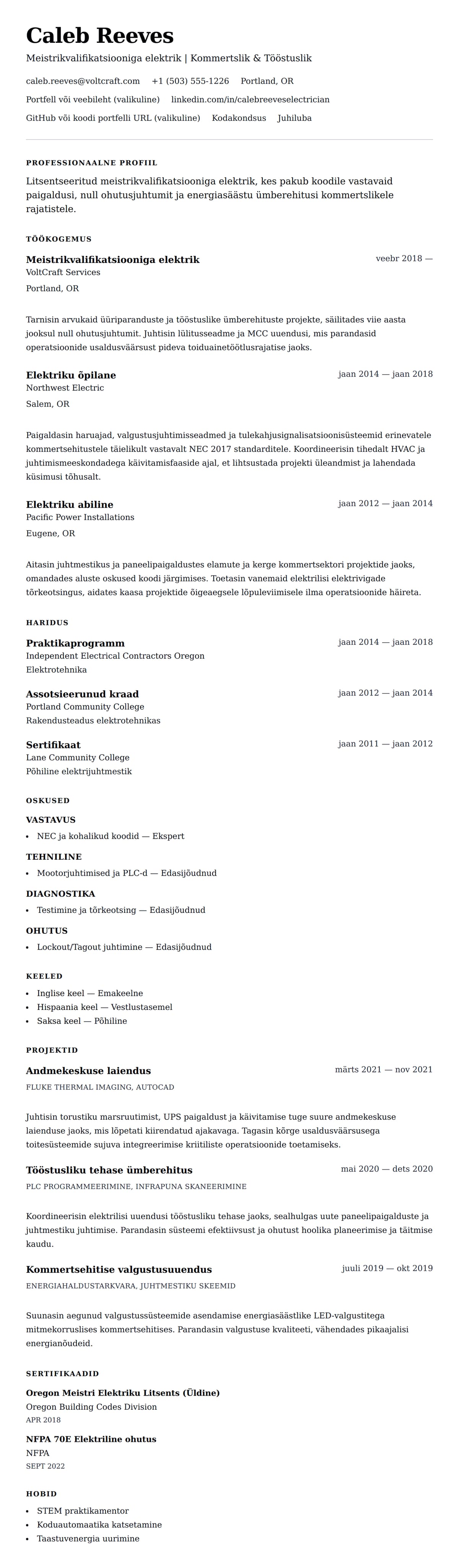 CV eelvaade Elektriku CV näide jaoks