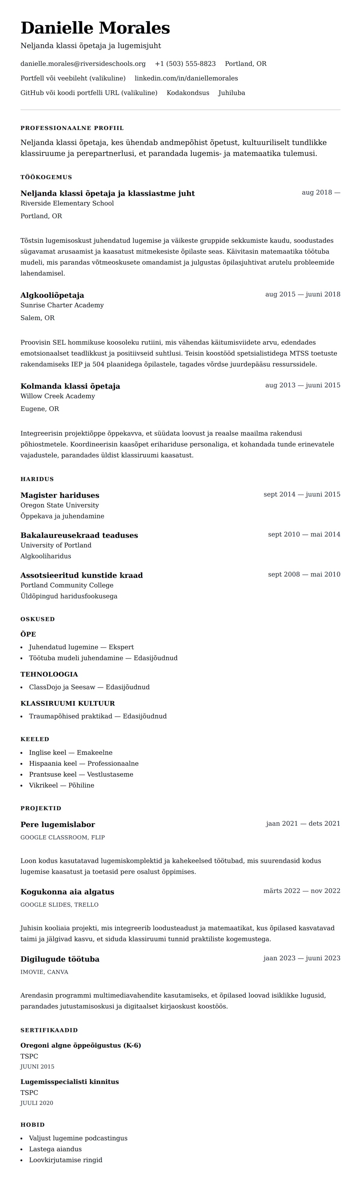 CV eelvaade Algkooliõpetaja CV näidis jaoks