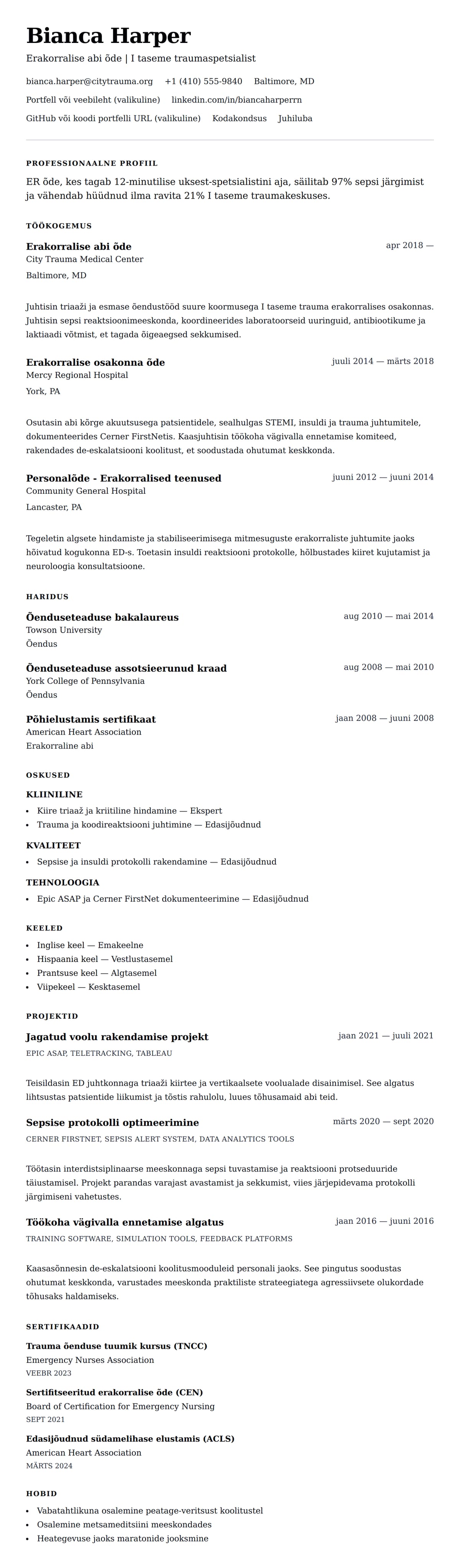 CV eelvaade Erakorralise abi (ER) õe CV näidis jaoks
