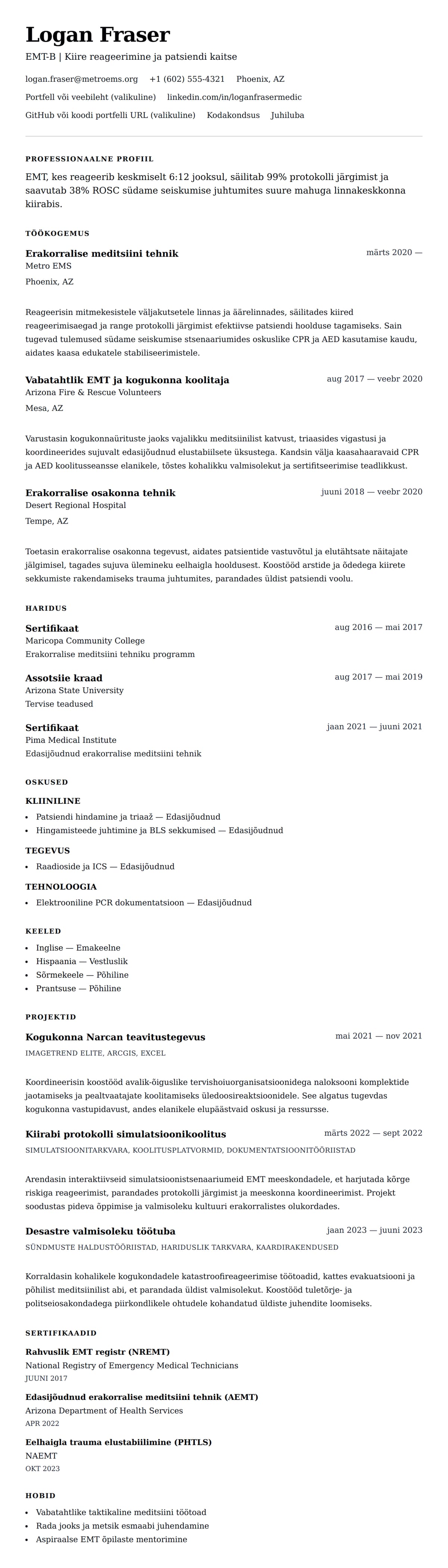 CV eelvaade Erakorralise meditsiini tehniku (EMT) CV näidis jaoks