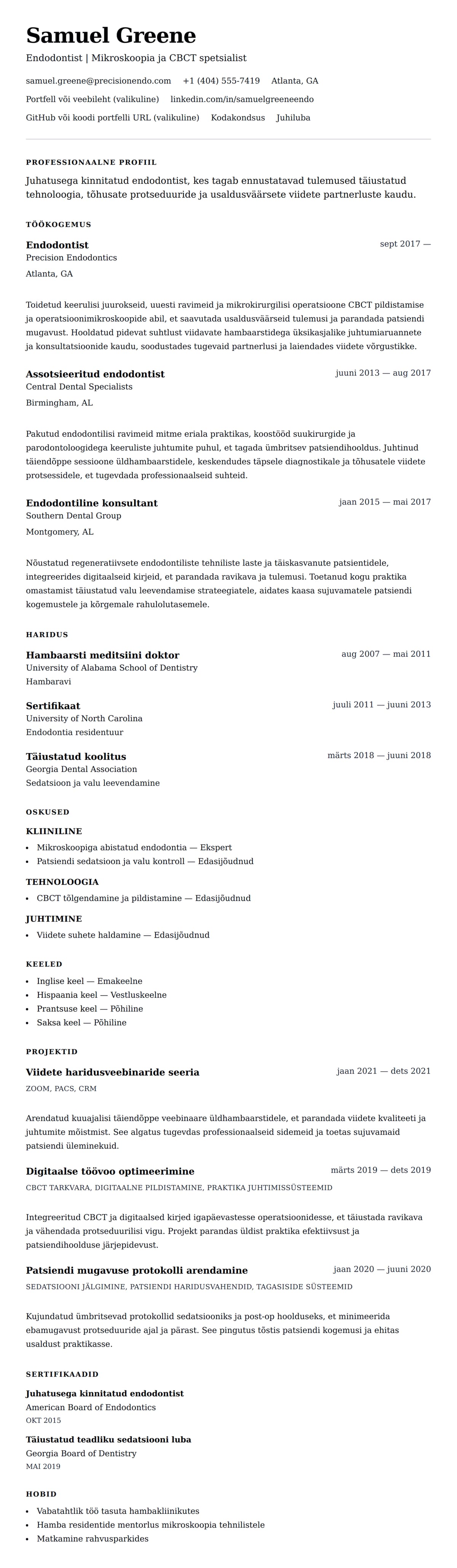 CV eelvaade Endodontisti CV näide jaoks