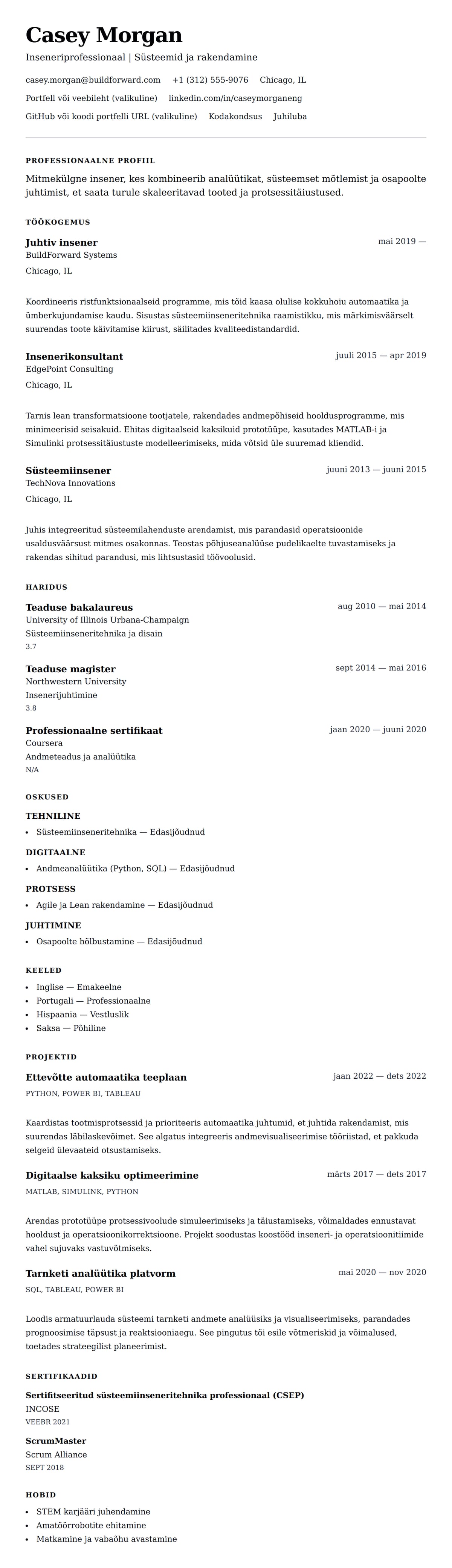 CV eelvaade Inseneri CV näide jaoks