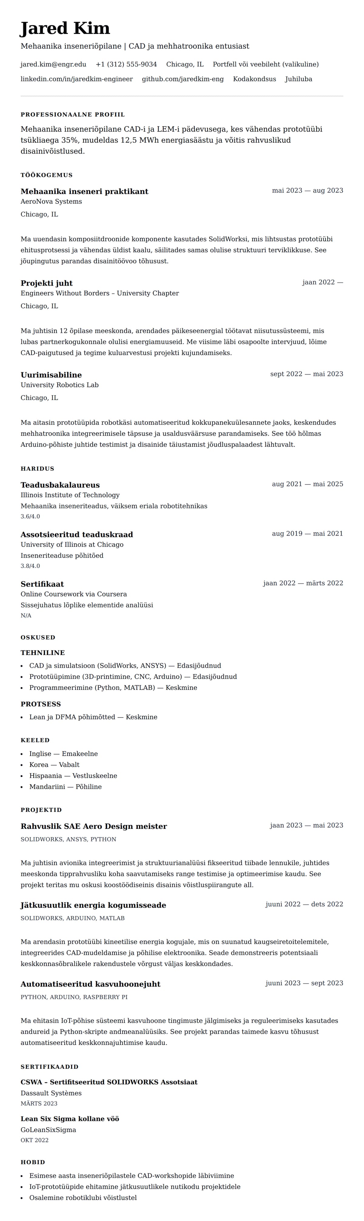 CV eelvaade Inseneriõpilase CV näide jaoks