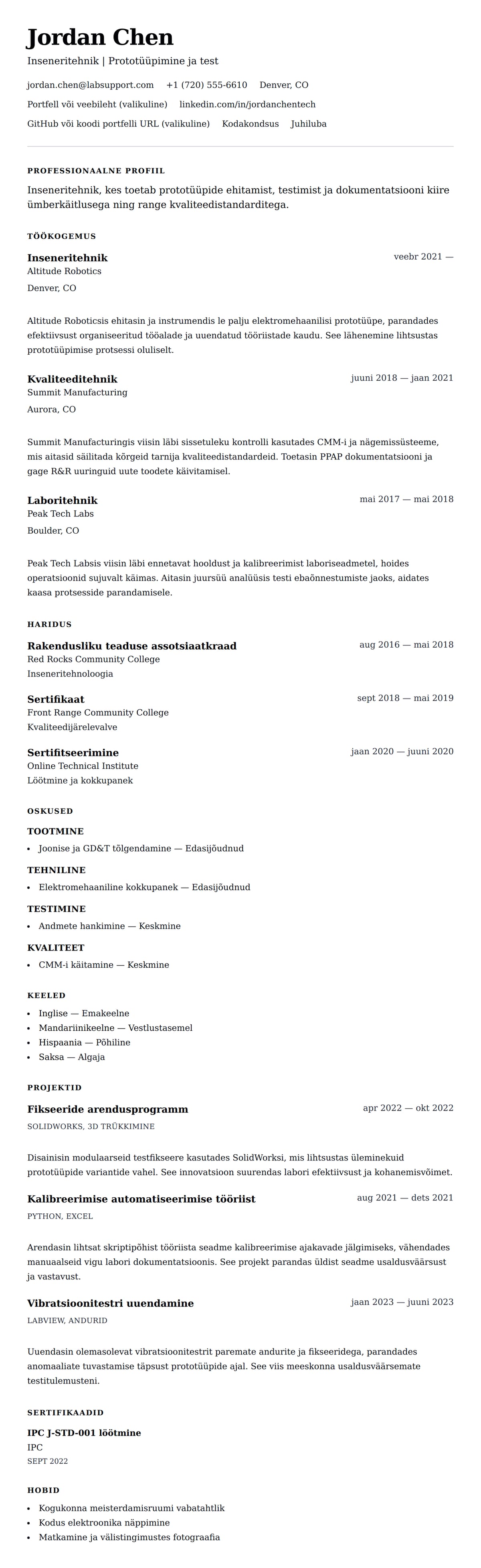 CV eelvaade Tehniku CV näide jaoks