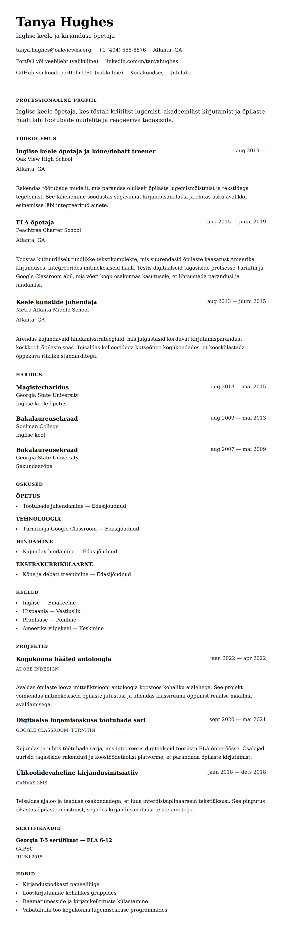 CV eelvaade Inglise keele õpetaja CV näidis jaoks