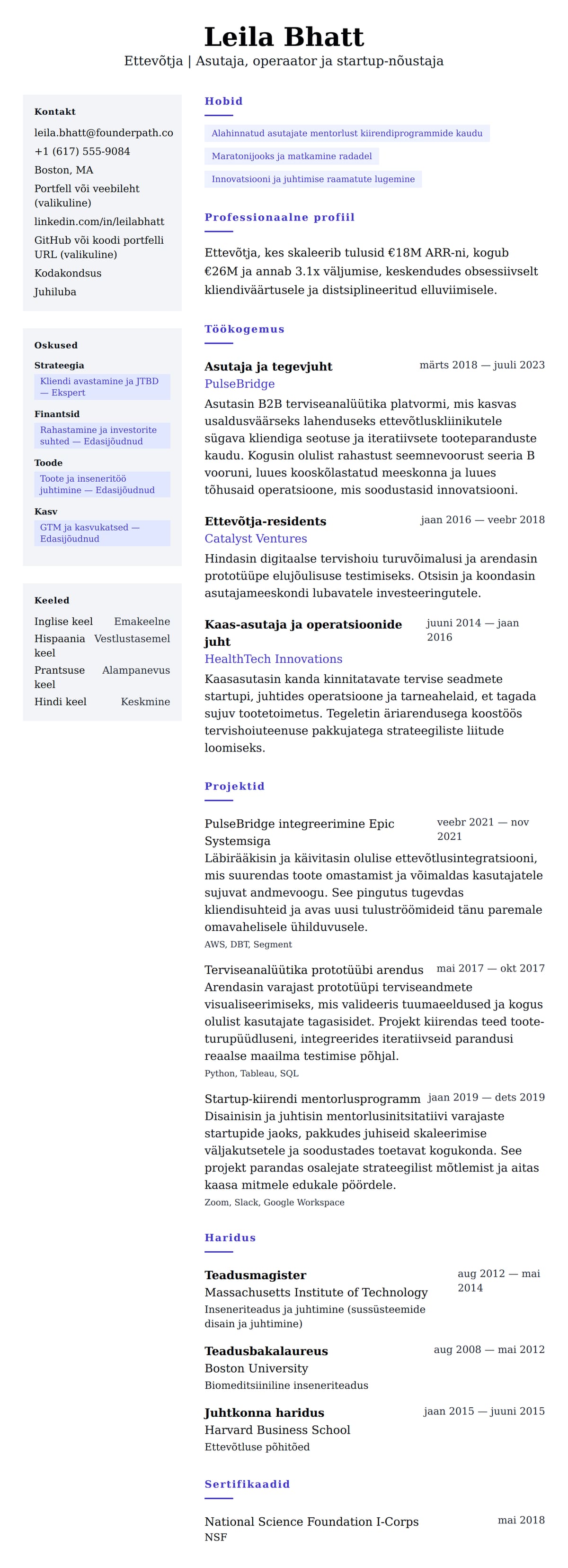 CV eelvaade Ettevõtja CV näide jaoks