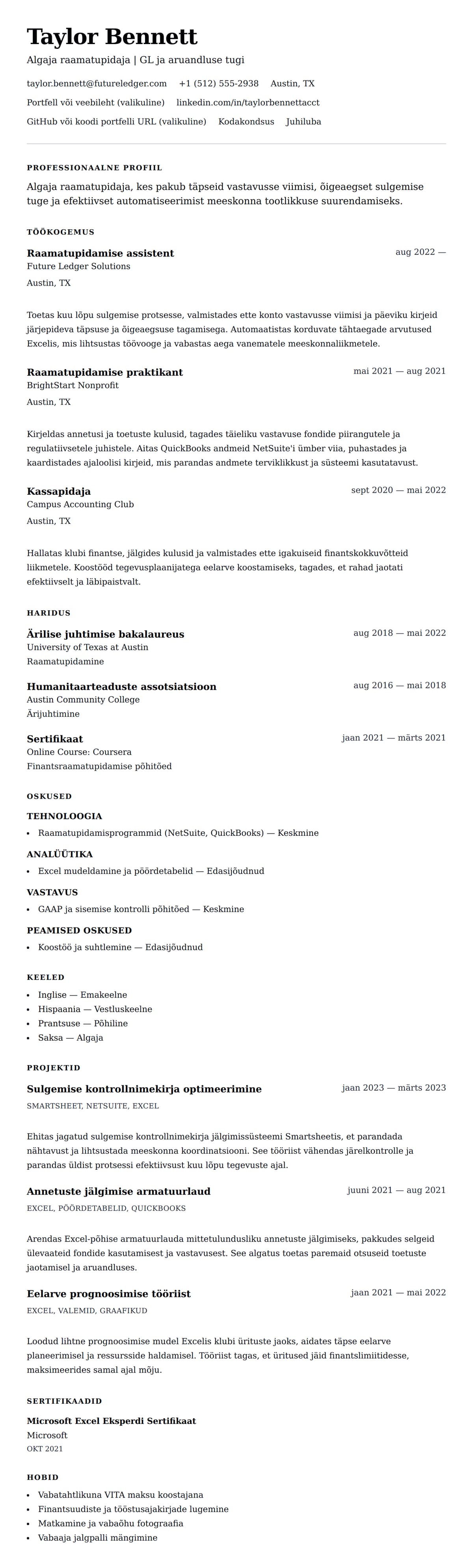 CV eelvaade Algaja raamatupidaja CV näidis jaoks