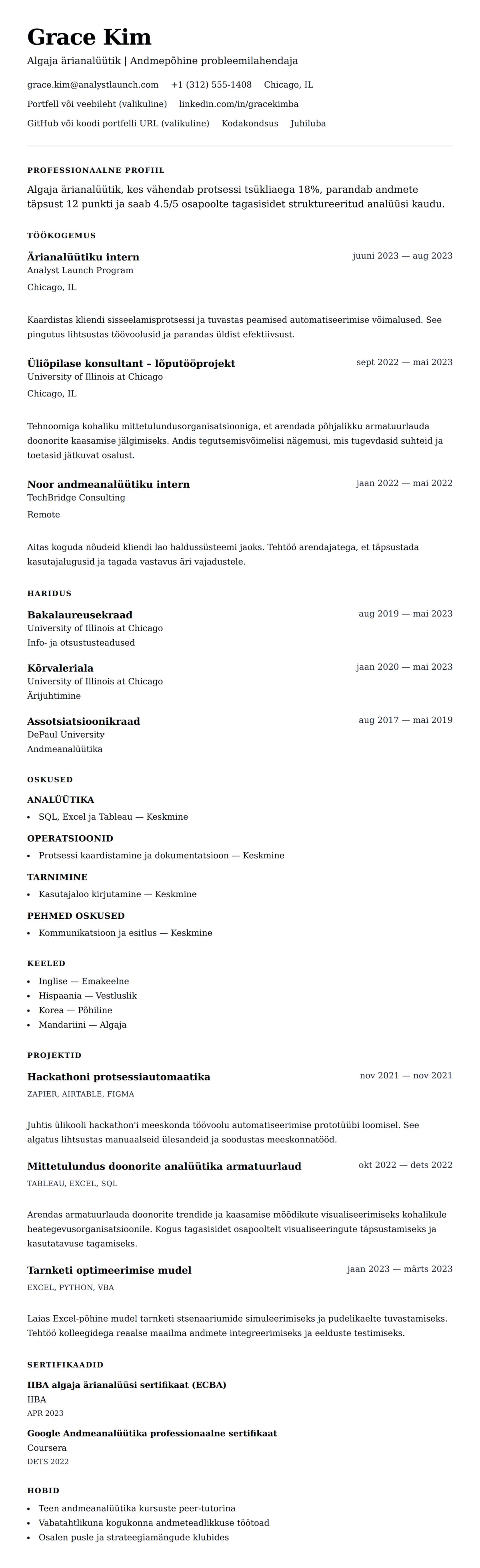 CV eelvaade Algaja ärianalüütiku CV näidis jaoks