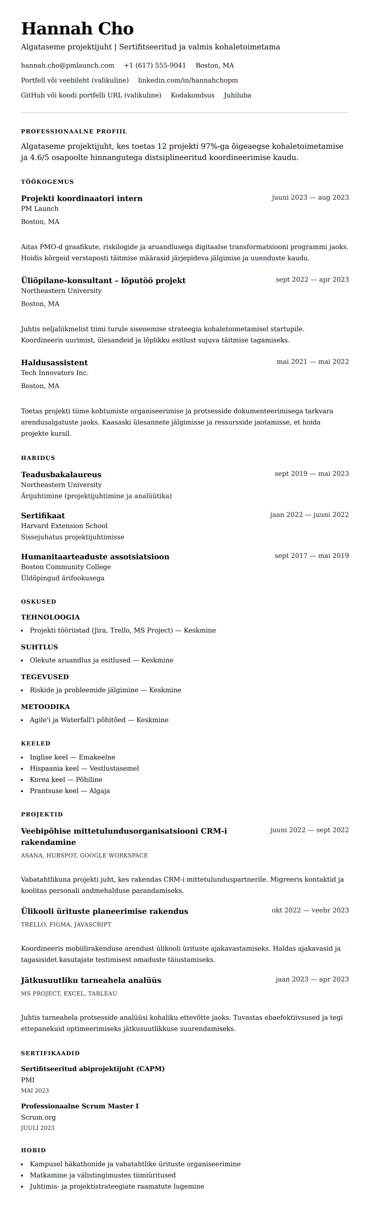 CV eelvaade Algataseme projektijuhi CV näidis jaoks