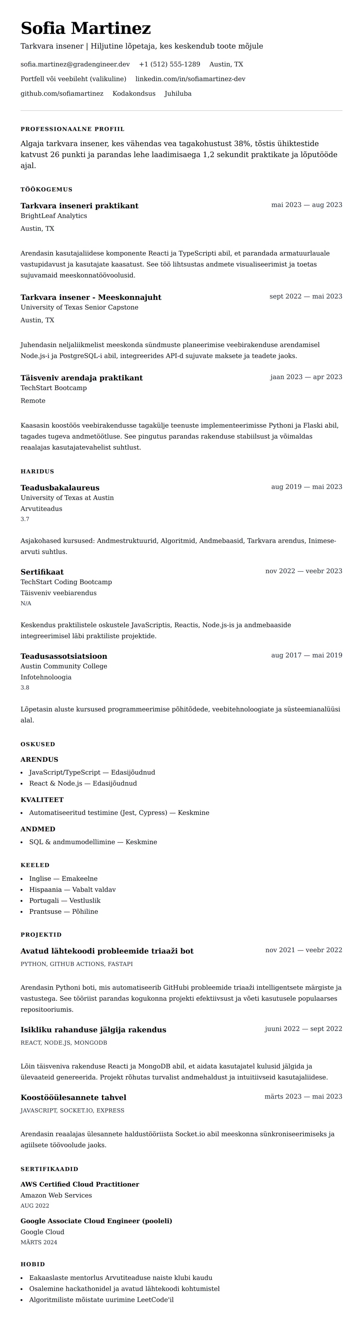 CV eelvaade Algaja tarkvara inseneri CV näide jaoks