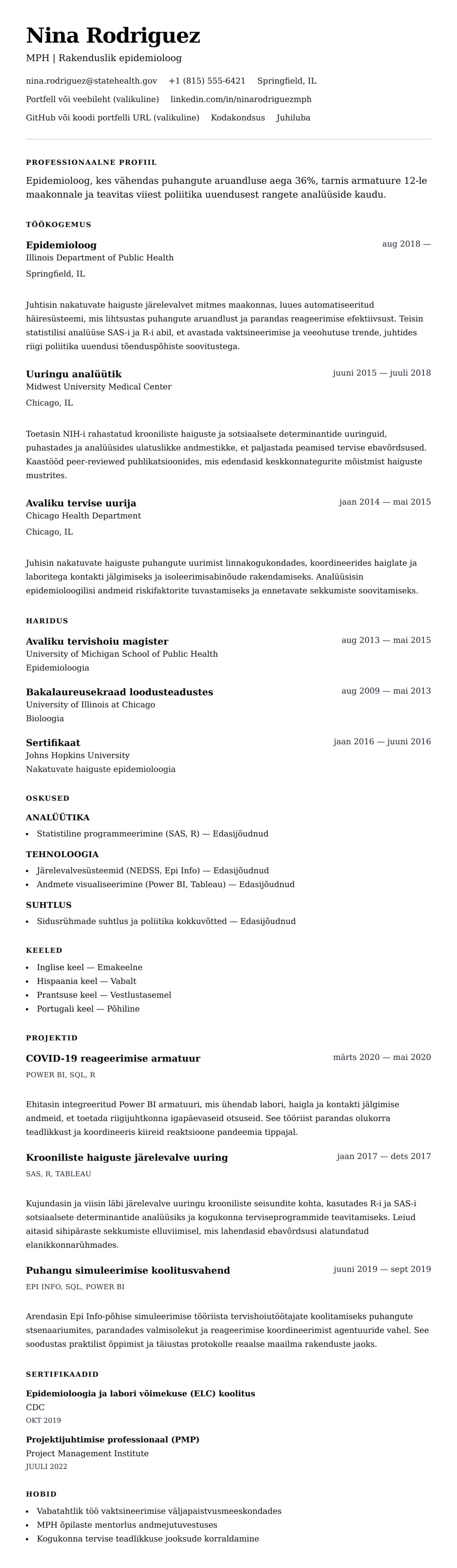 CV eelvaade Epidemioloogi CV näide jaoks