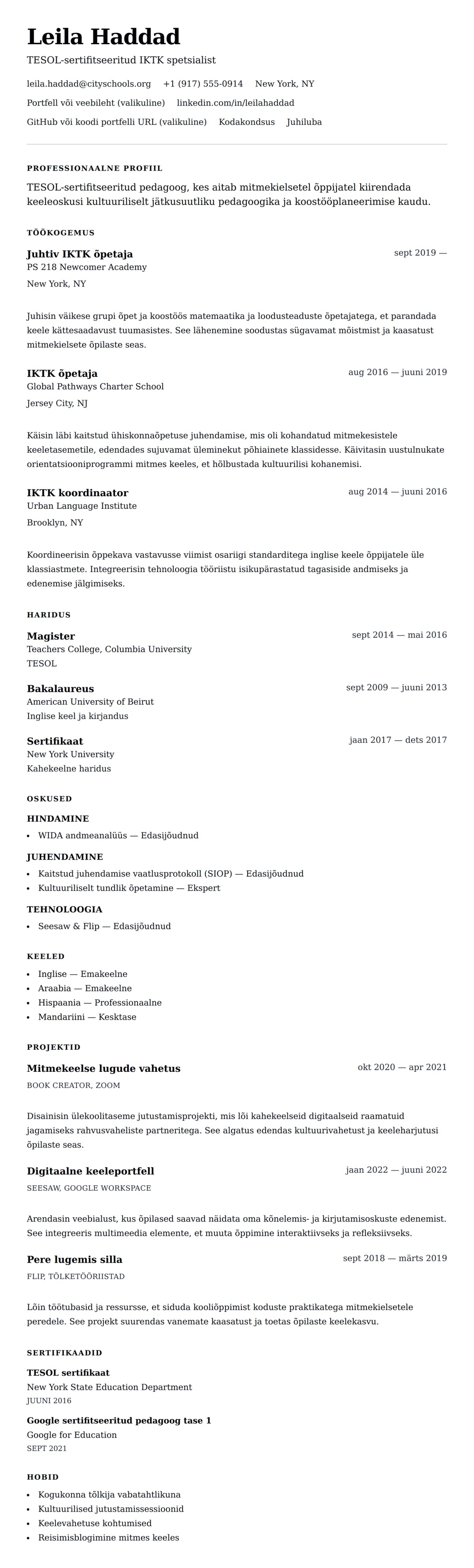 CV eelvaade Inglise kui teise keele õpetaja CV näidis jaoks