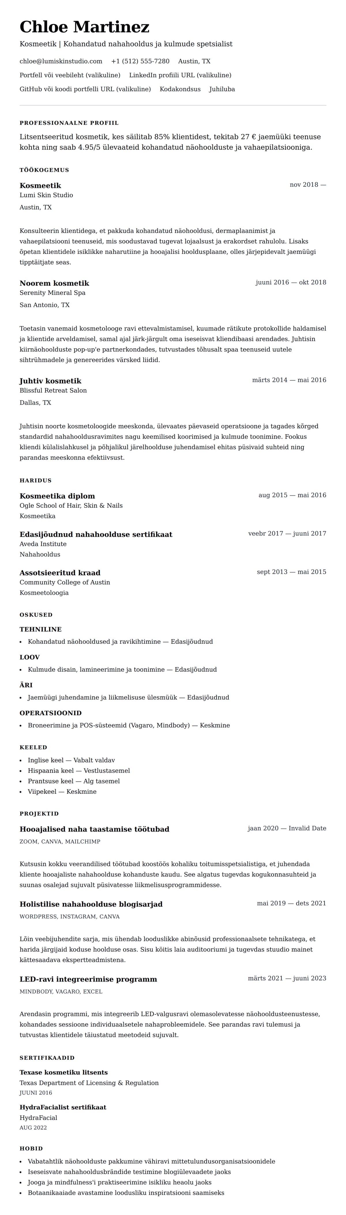 CV eelvaade Kosmeetiku CV näide jaoks