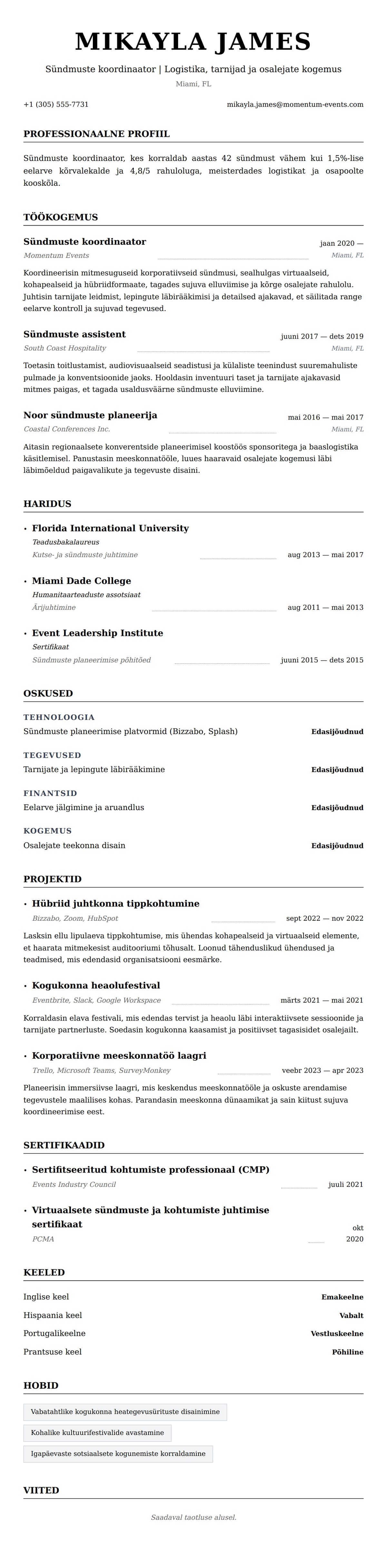 CV eelvaade Sündmuste koordinaatori CV näide jaoks