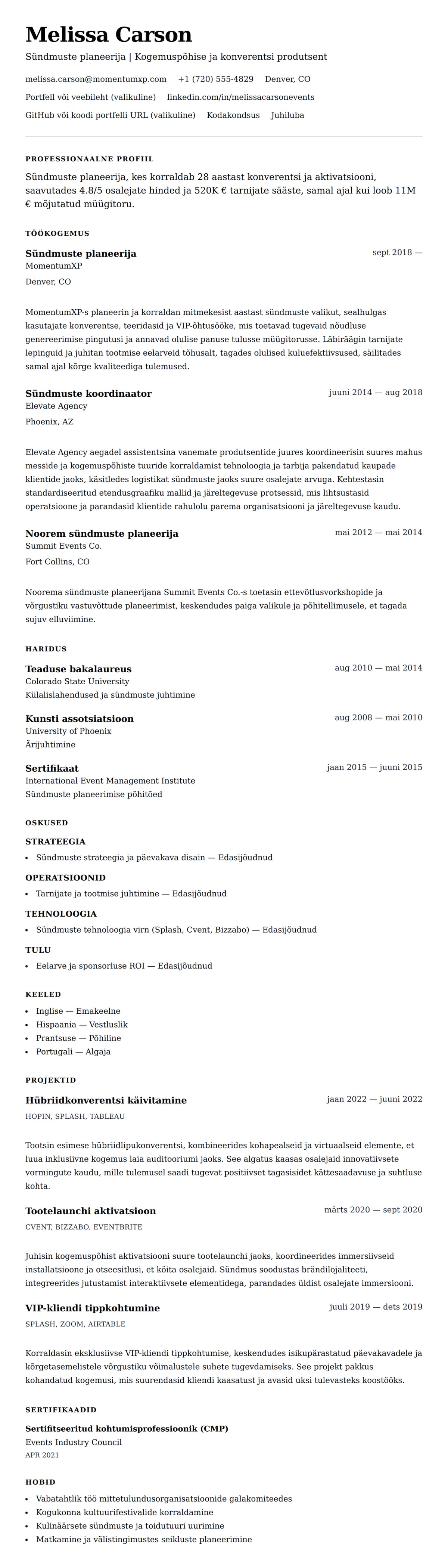 CV eelvaade Sündmuste planeerija CV näidis jaoks
