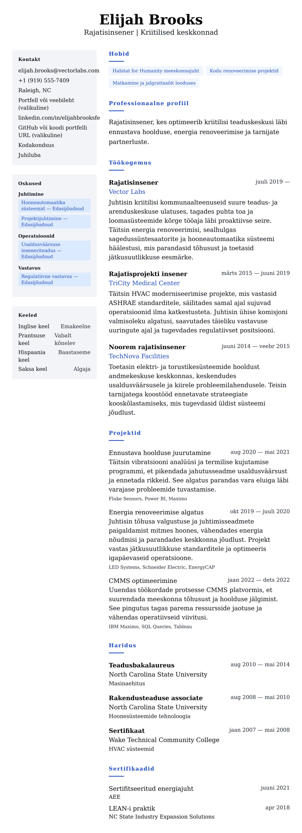 CV eelvaade Rajatisinseneri CV näidis jaoks