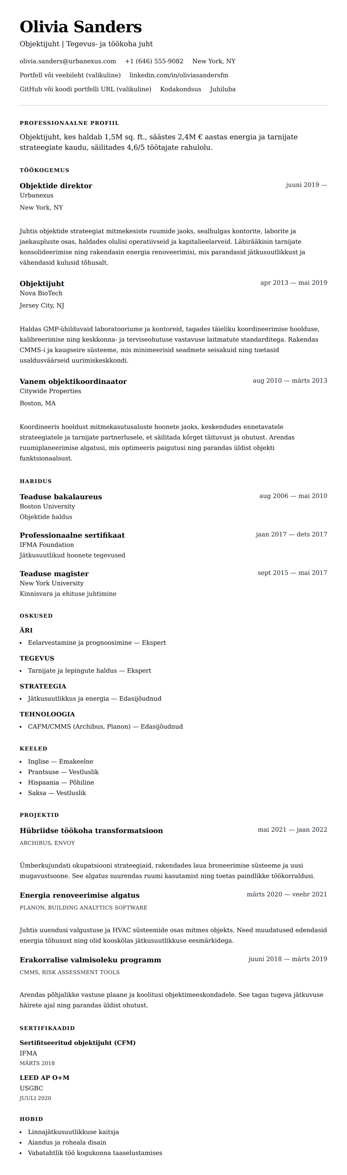 CV eelvaade Objektijuhi CV näide jaoks