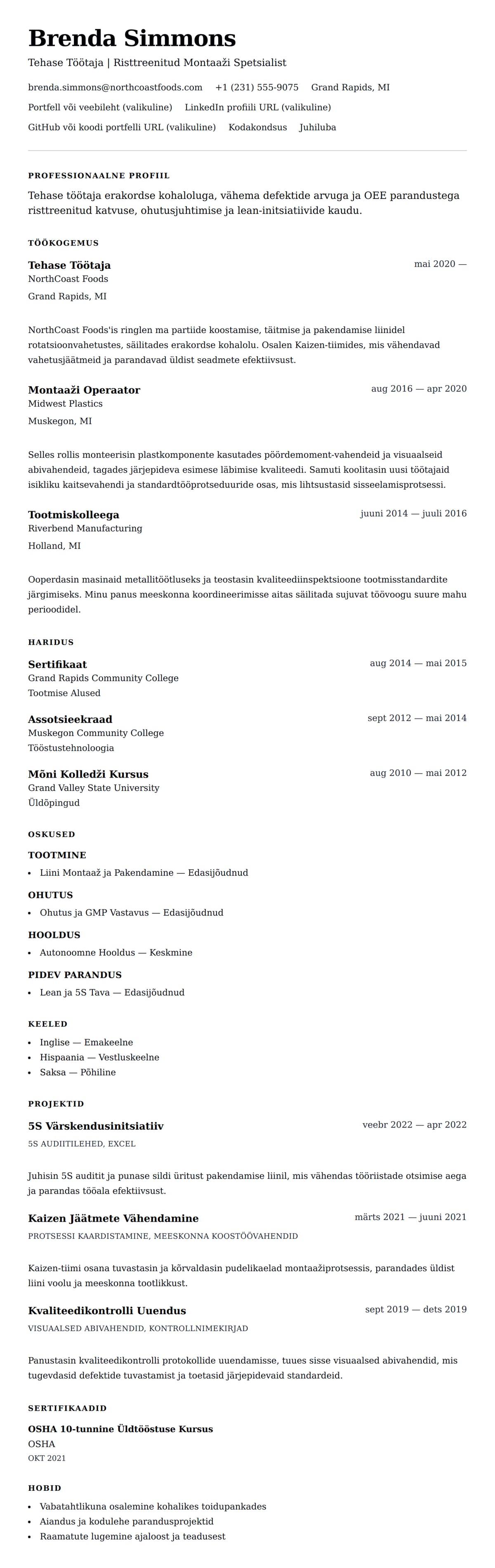 CV eelvaade Tehase Töötaja CV Näide jaoks