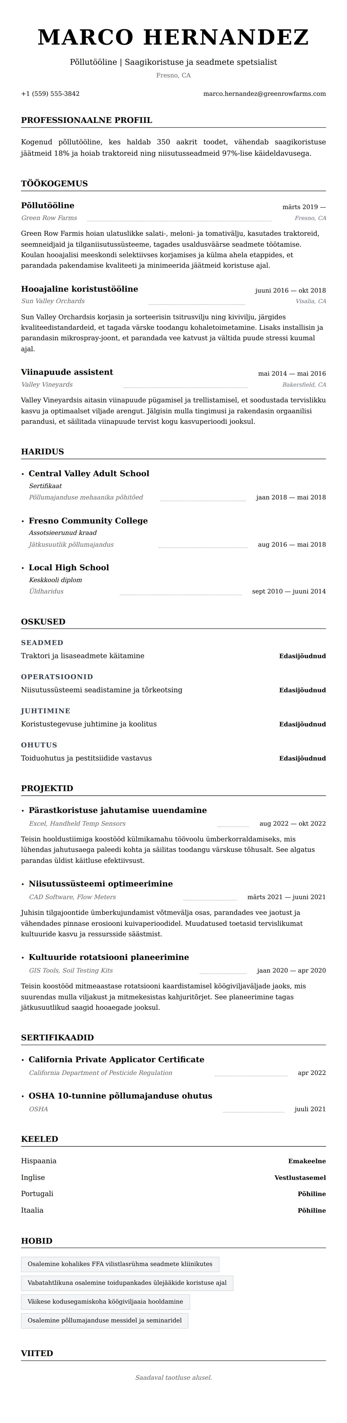 CV eelvaade Põllutööliste CV näidis jaoks