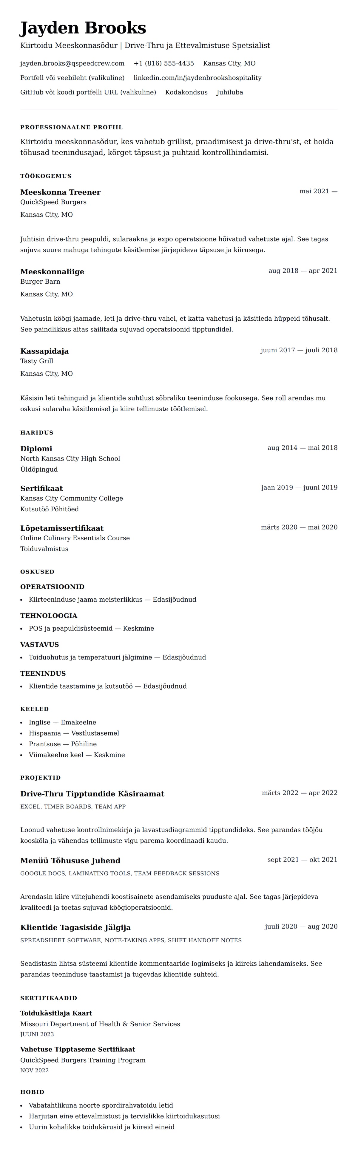 CV eelvaade Kiirtoidutöötaja CV Näidis jaoks