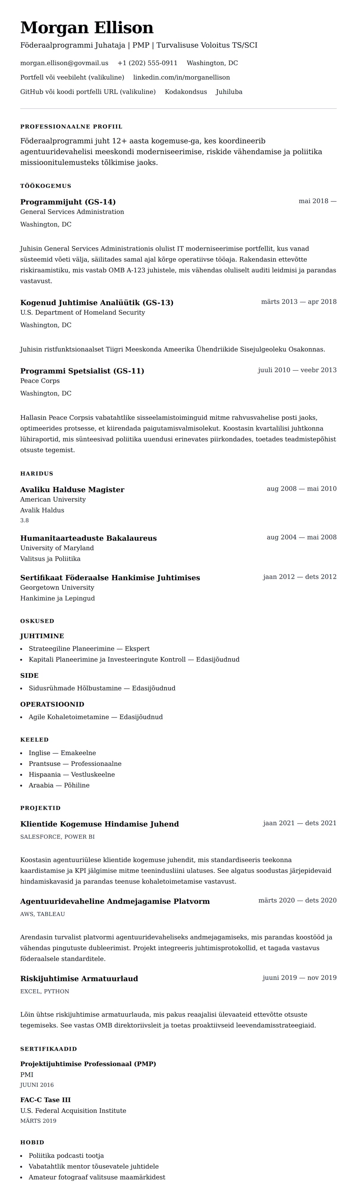 CV eelvaade Föderaaltöötaja CV Näide jaoks