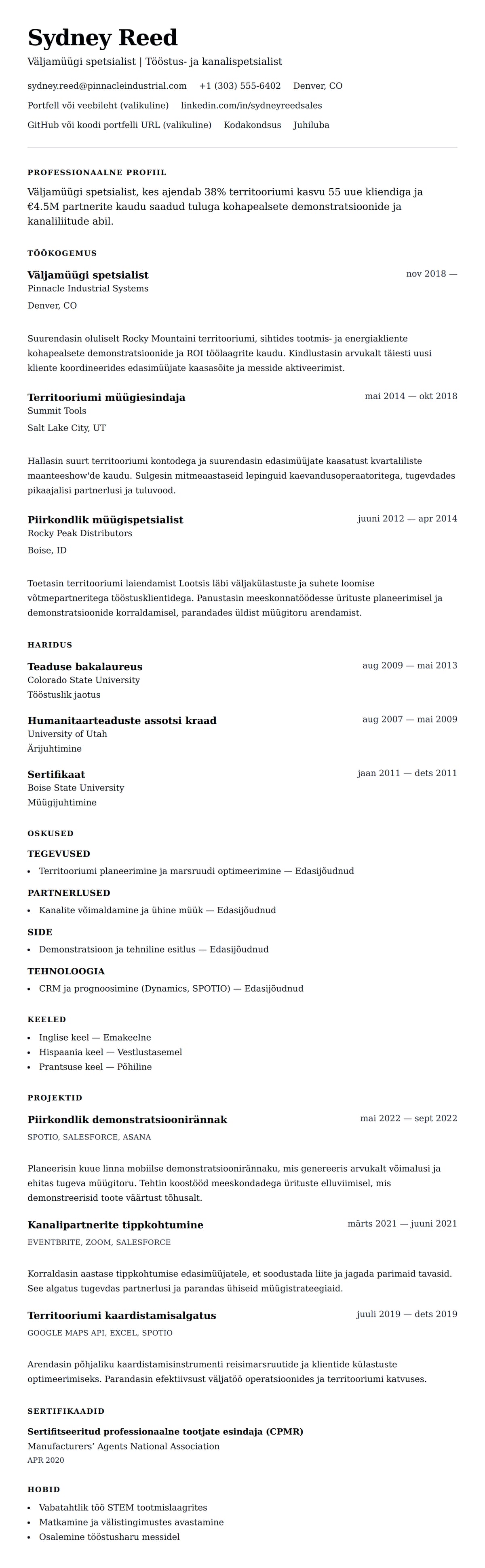 CV eelvaade Näidis CV väljamüügi spetsialistile jaoks