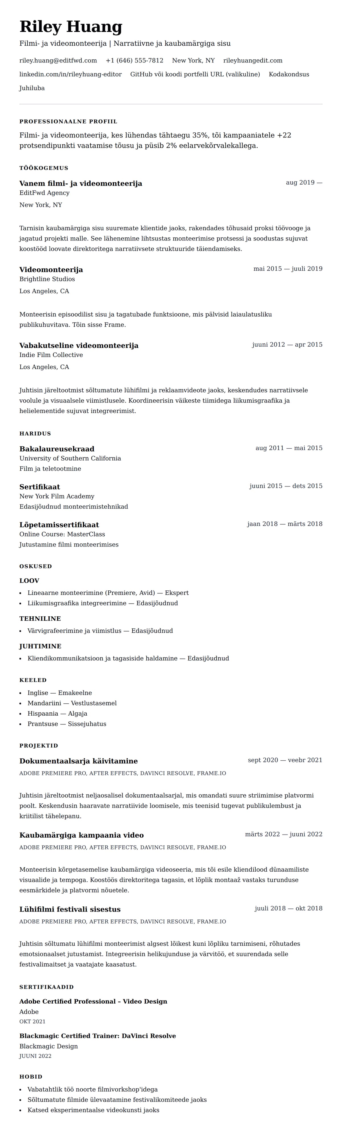 CV eelvaade Filmi- ja videomonteerija CV näidis jaoks