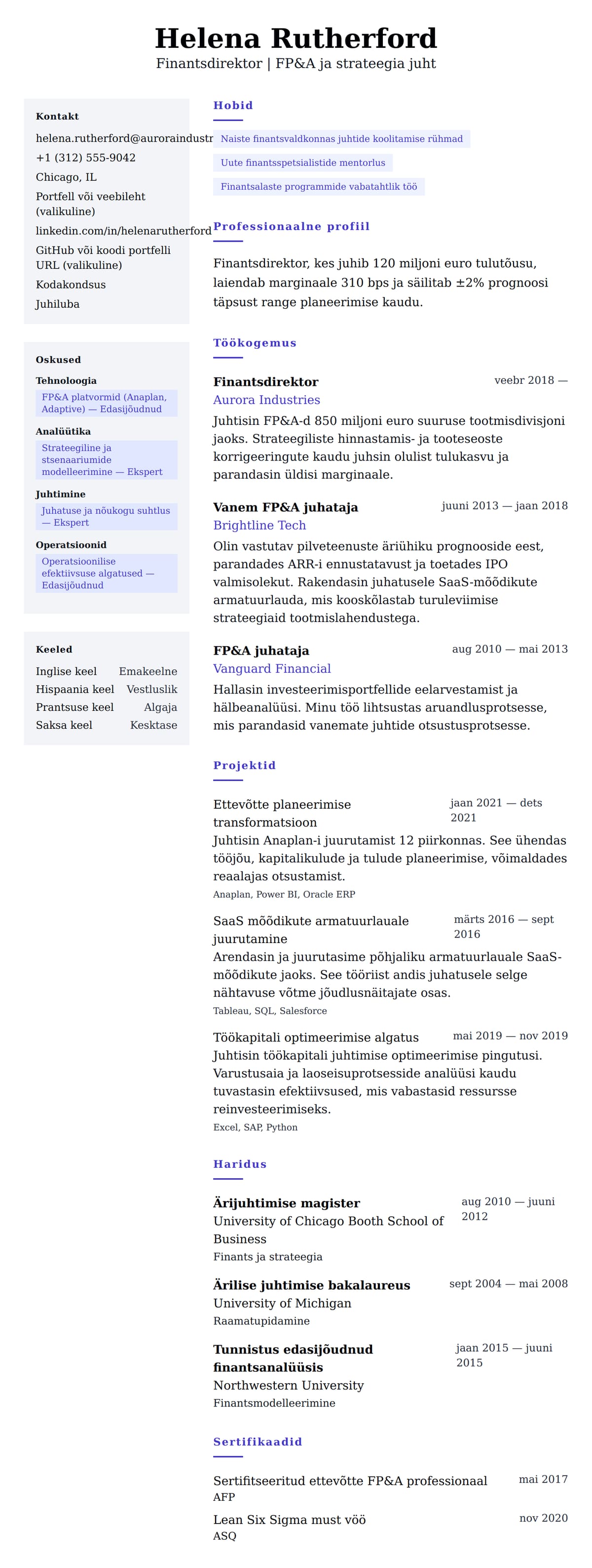 CV eelvaade Finantsdirektori CV näide jaoks