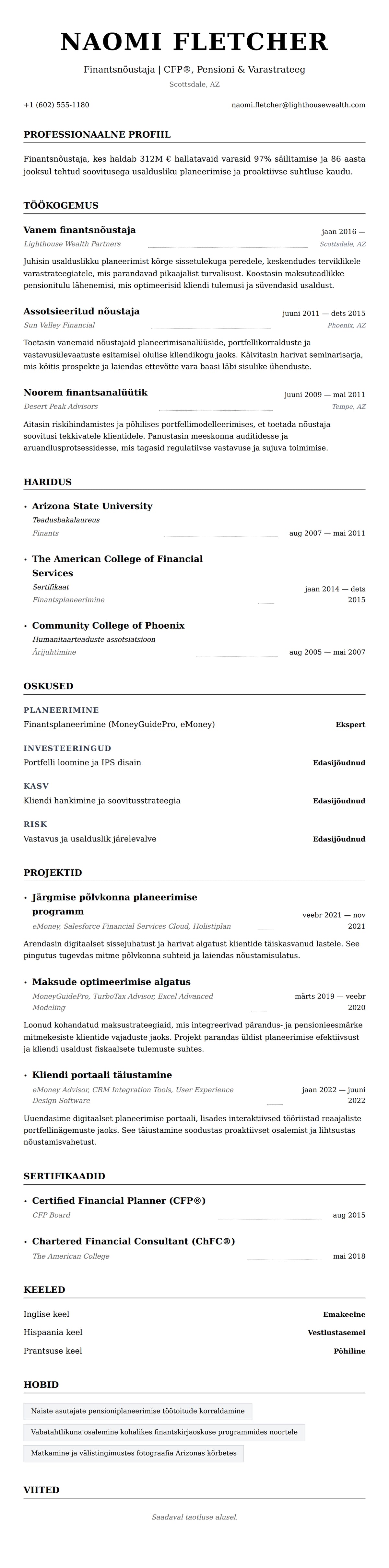 CV eelvaade Finantsnõustaja CV näide jaoks