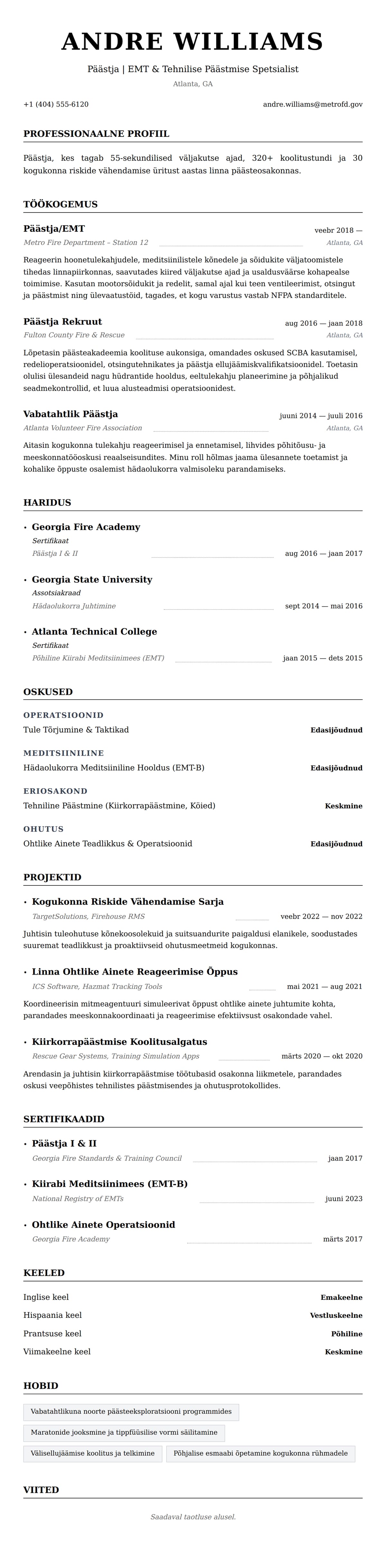 CV eelvaade Päästja CV näide jaoks