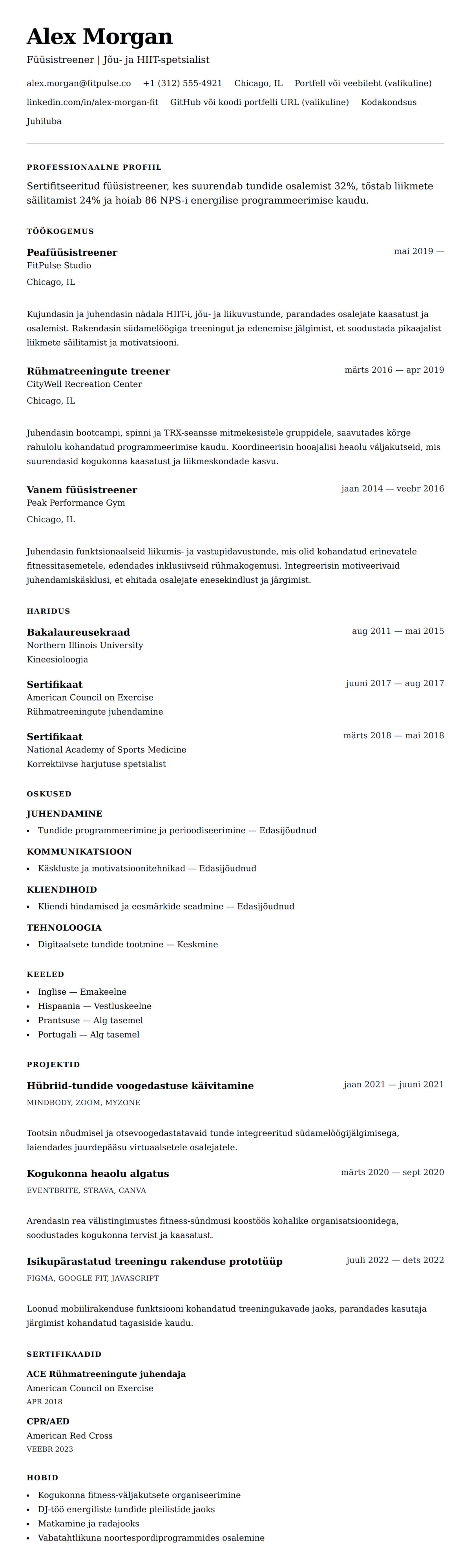 CV eelvaade Füüsistreeneri CV näidis jaoks