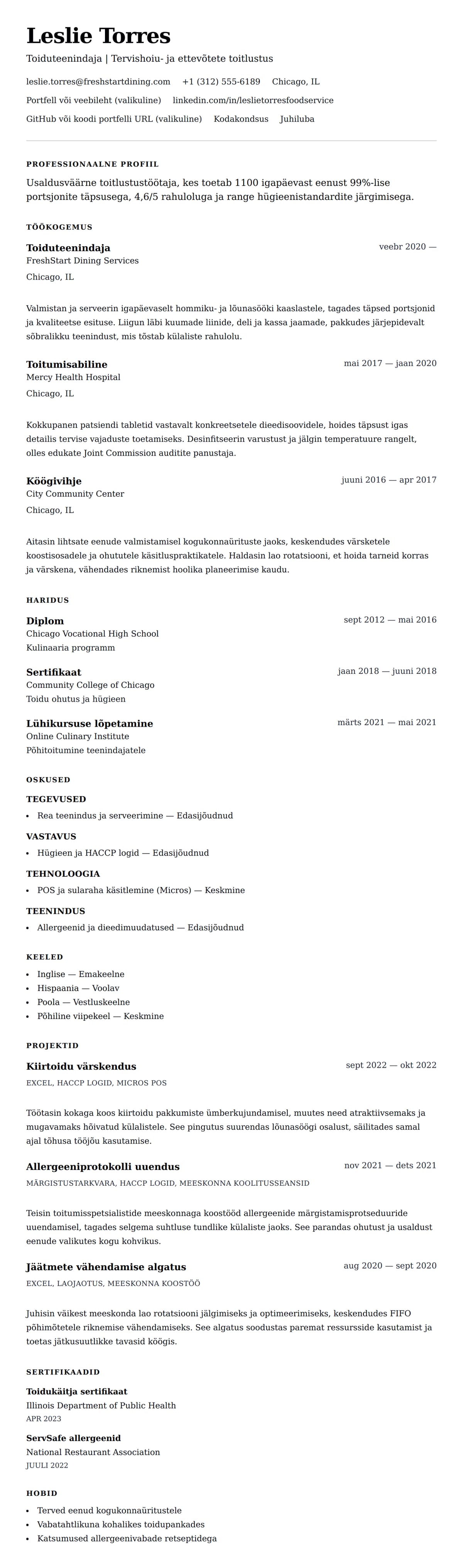 CV eelvaade Näidis CV toitlustustöötajale jaoks