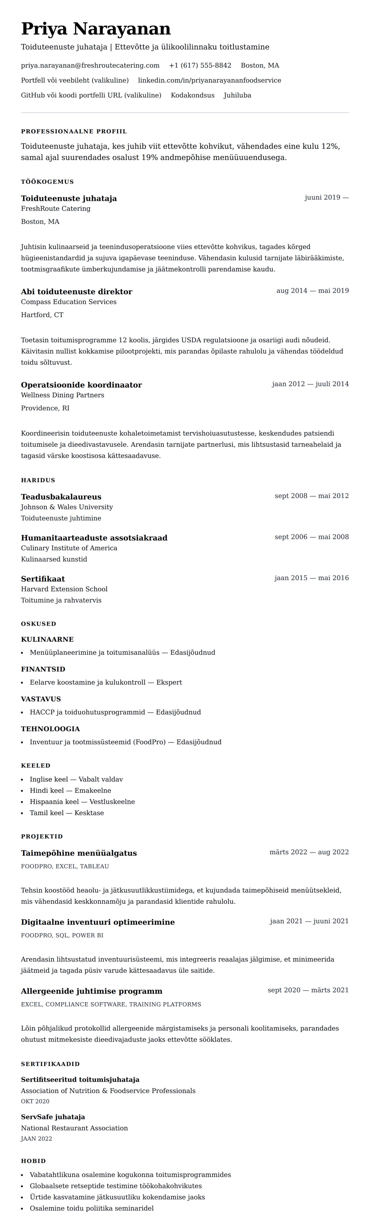 CV eelvaade Toiduteenuste juhataja CV näide jaoks