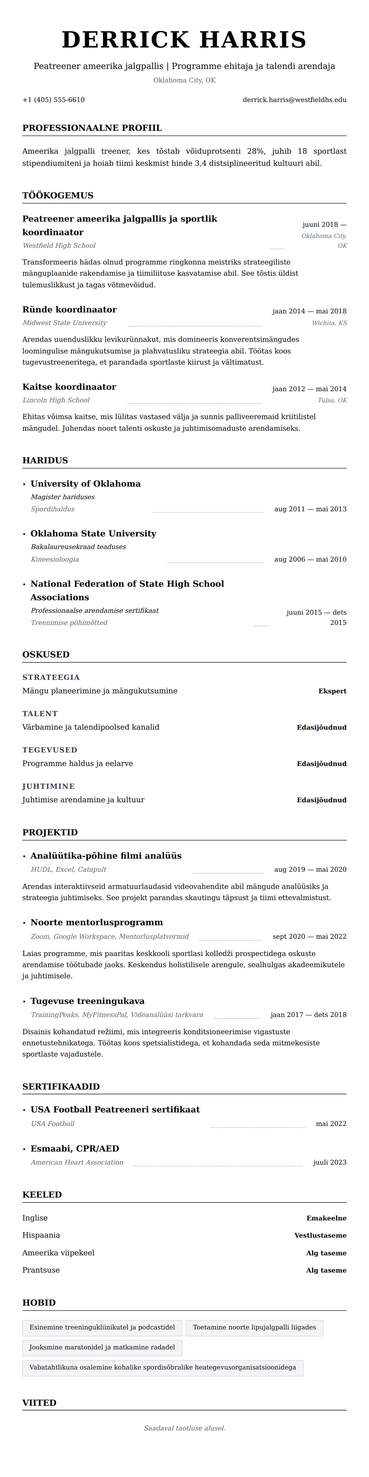 CV eelvaade Ameerika jalgpalli treeneri CV näide jaoks