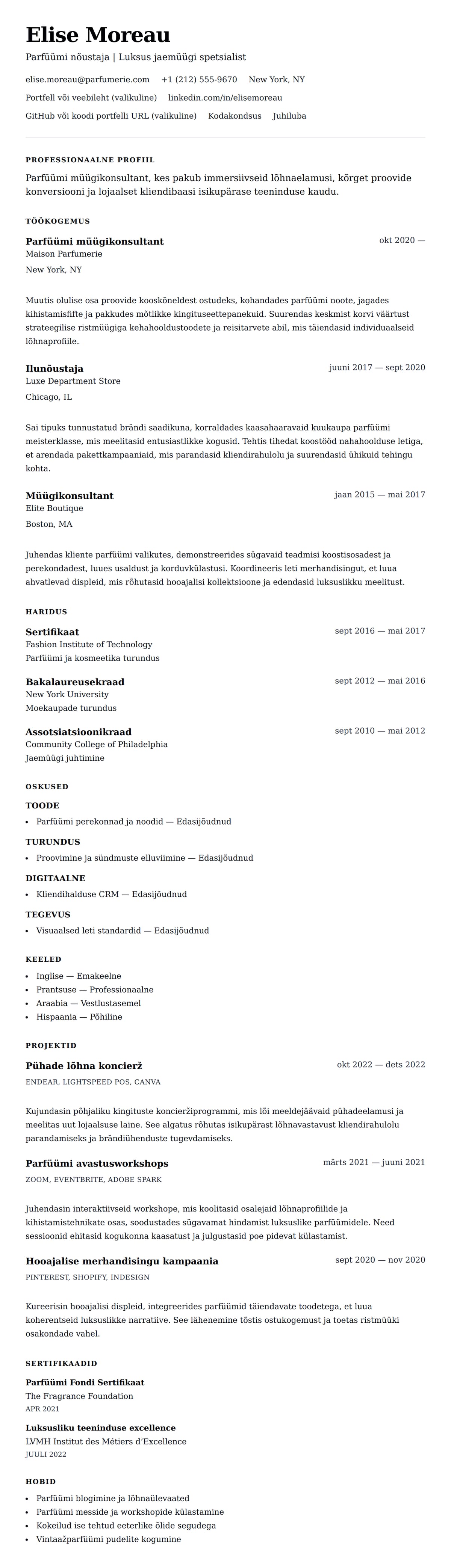 CV eelvaade Parfüümi müügikonsultandi CV näide jaoks