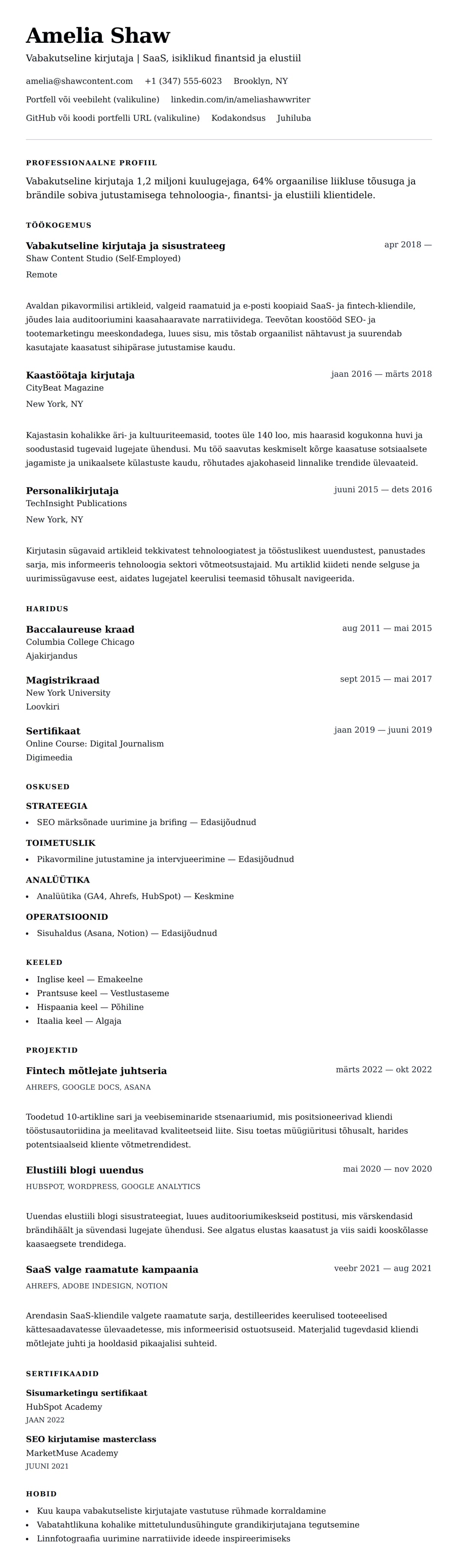 CV eelvaade Vabakutselise kirjutaja CV näide jaoks