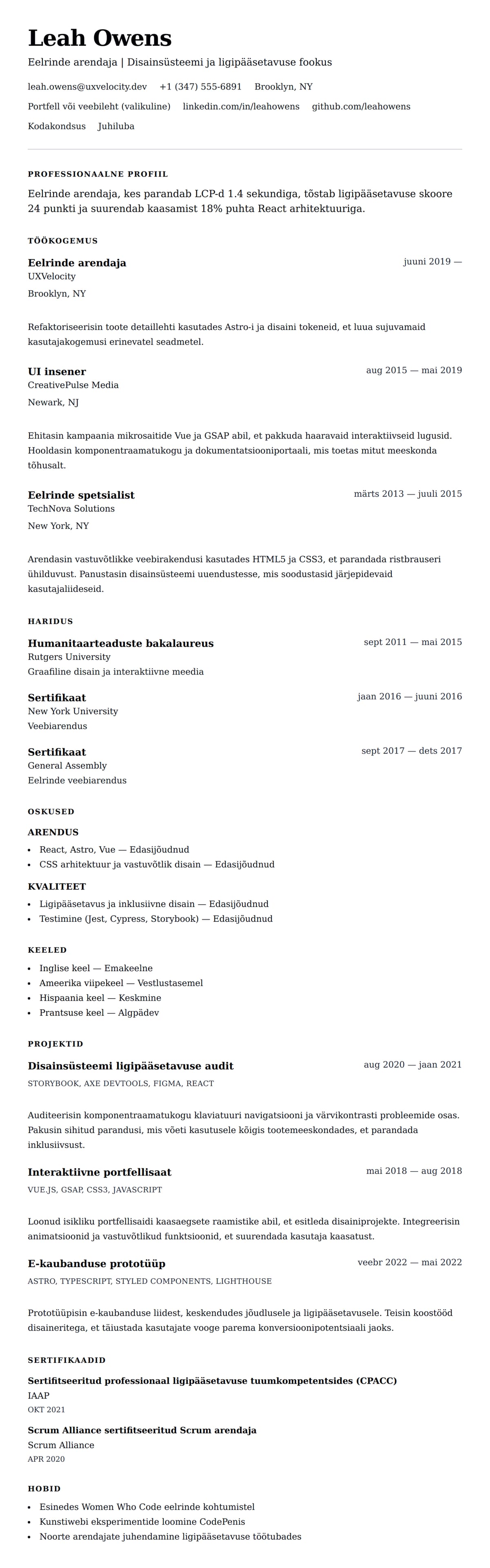 CV eelvaade Eelrinde arendaja CV näide jaoks