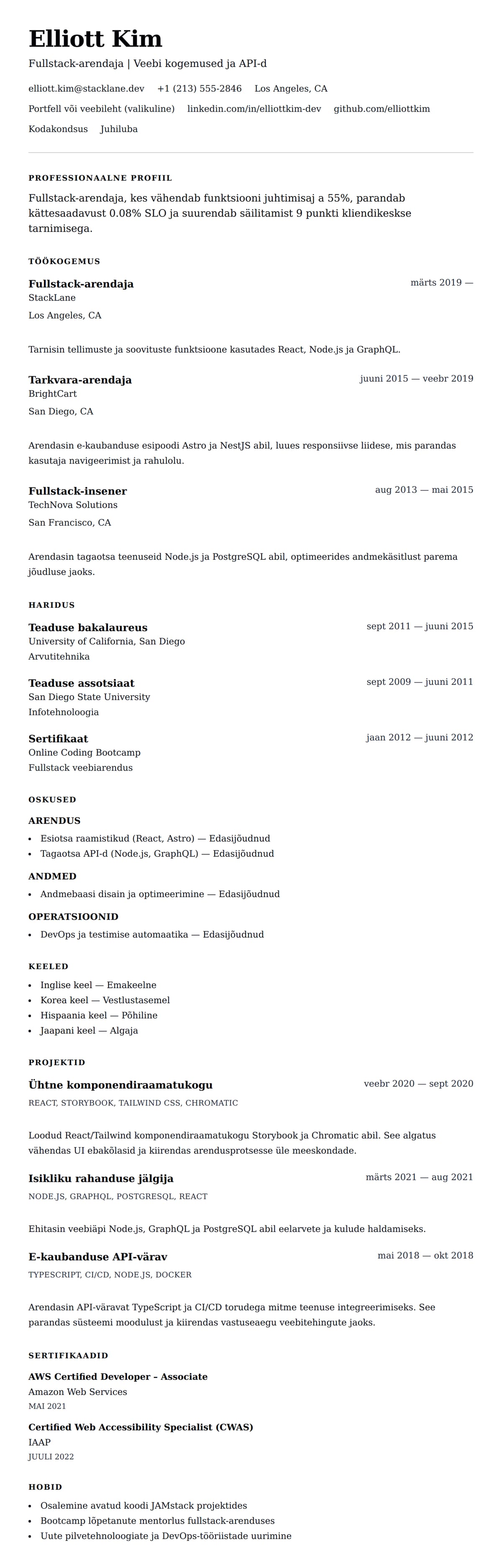 CV eelvaade Fullstack-arendaja CV näide jaoks