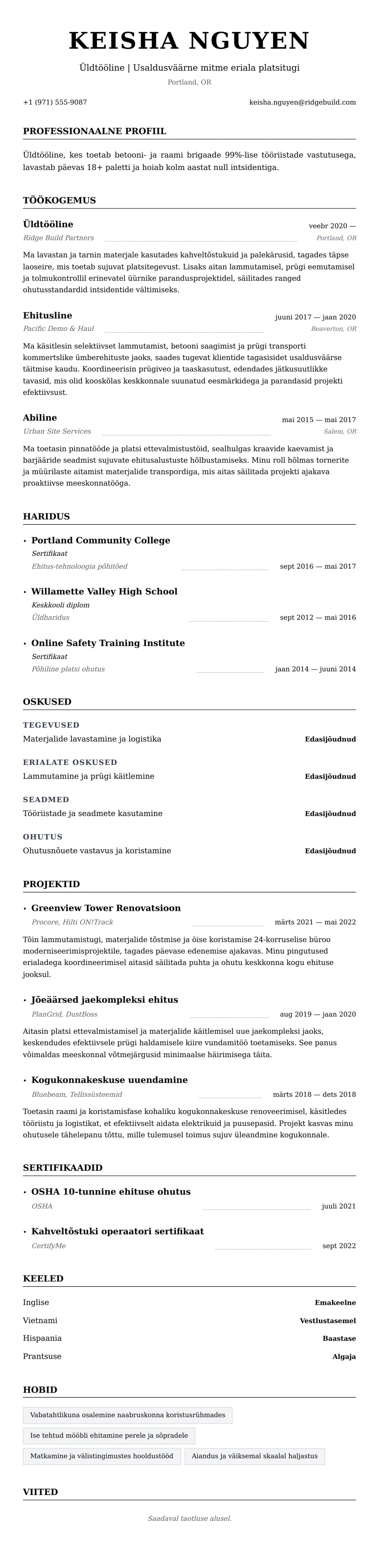 CV eelvaade Üldtööliste CV näide jaoks