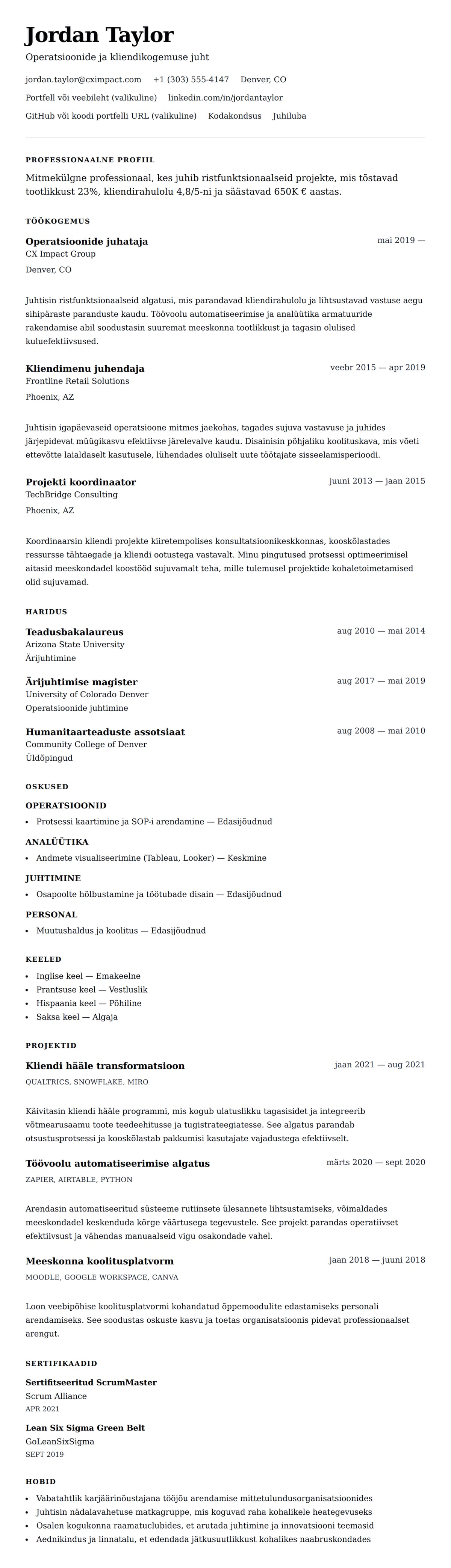 CV eelvaade Üldine CV näide jaoks