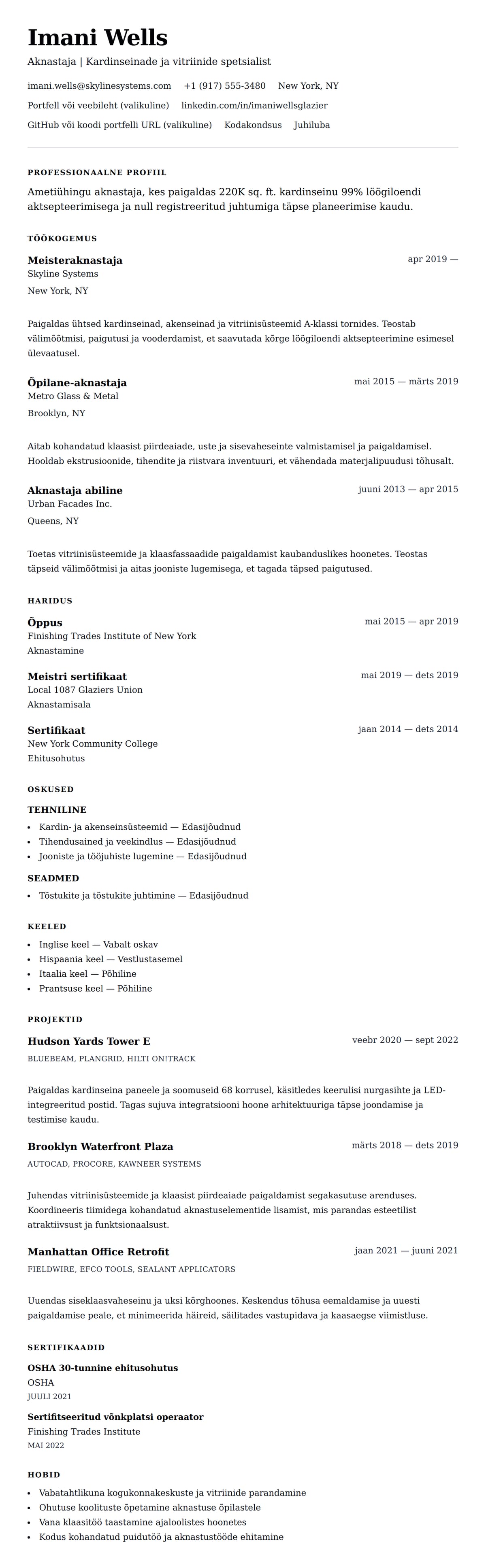 CV eelvaade Aknastaja CV näide jaoks