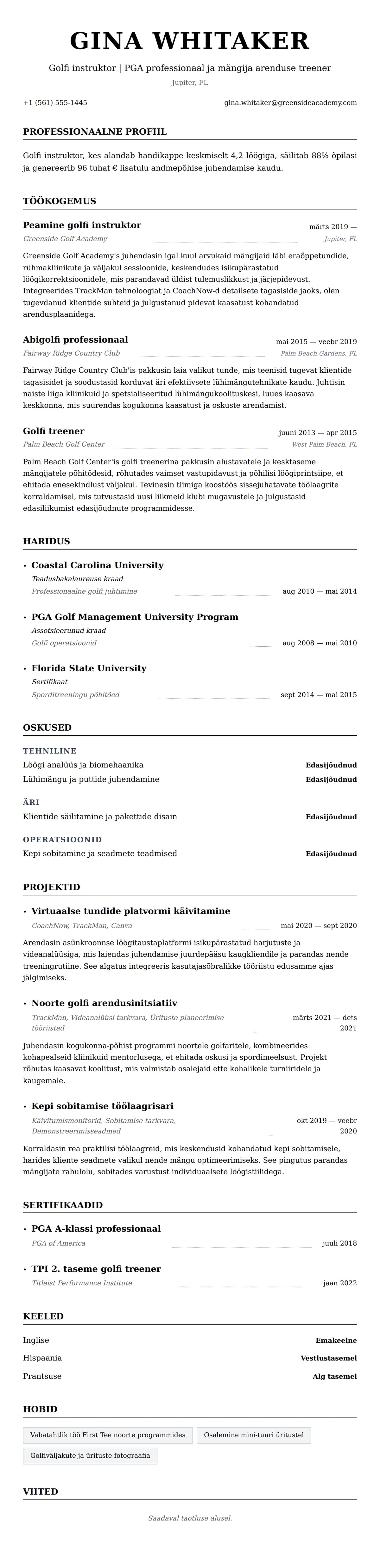 CV eelvaade Golfi instruktori CV näide jaoks