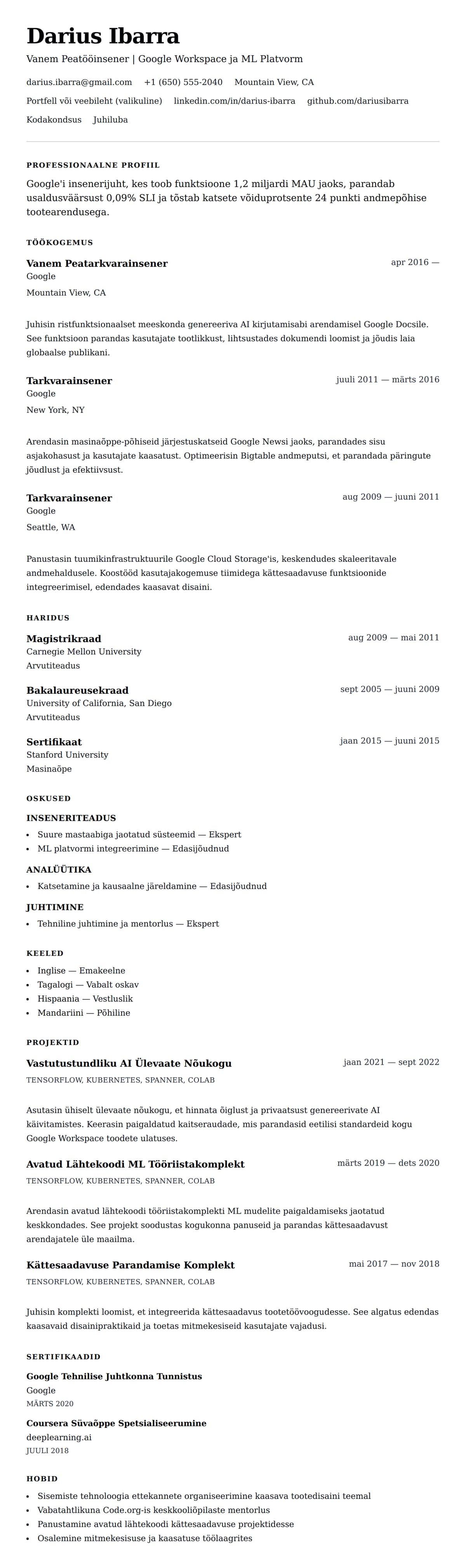 CV eelvaade Google CV Näide jaoks