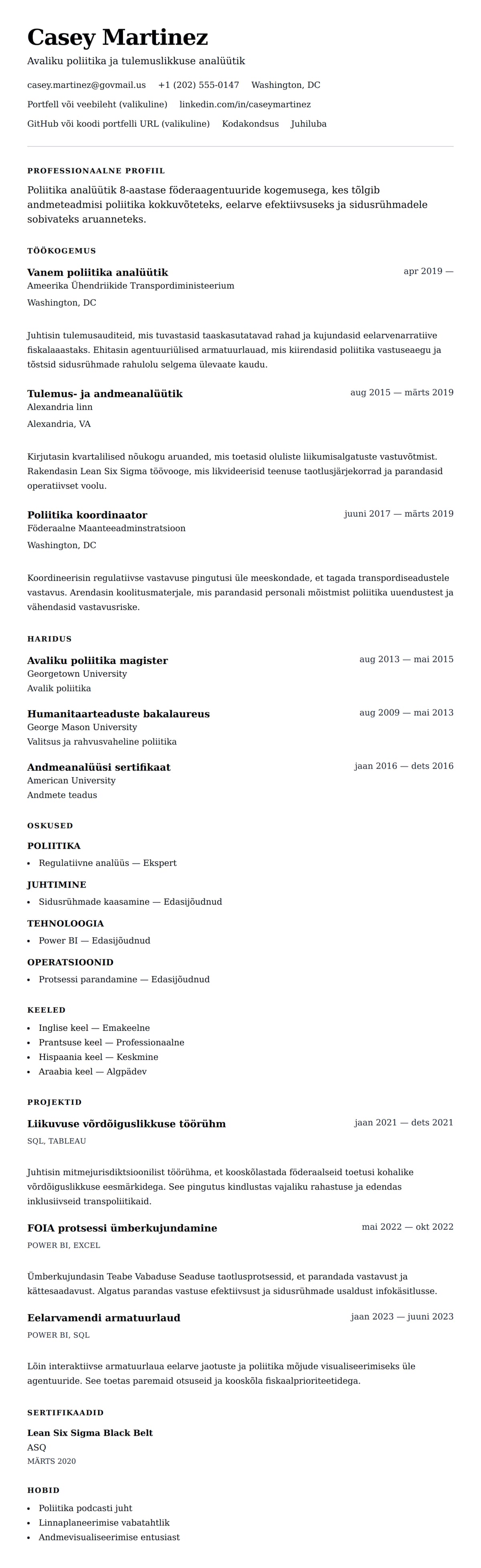 CV eelvaade Valitsuse analüütiku CV näide jaoks