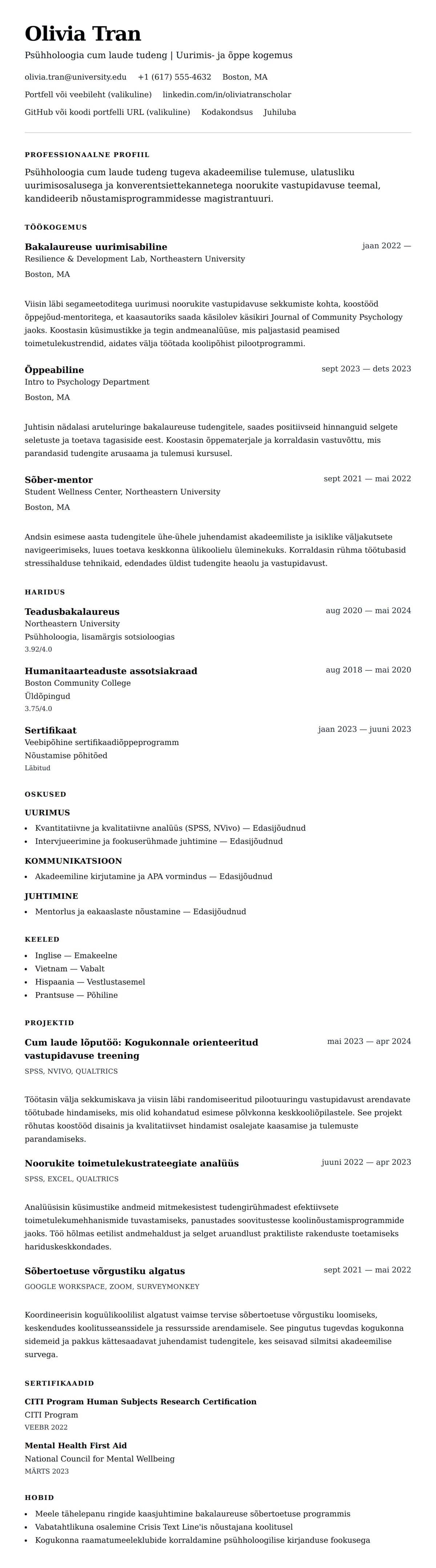 CV eelvaade Magistrantuuri kandidaadi CV näidis jaoks