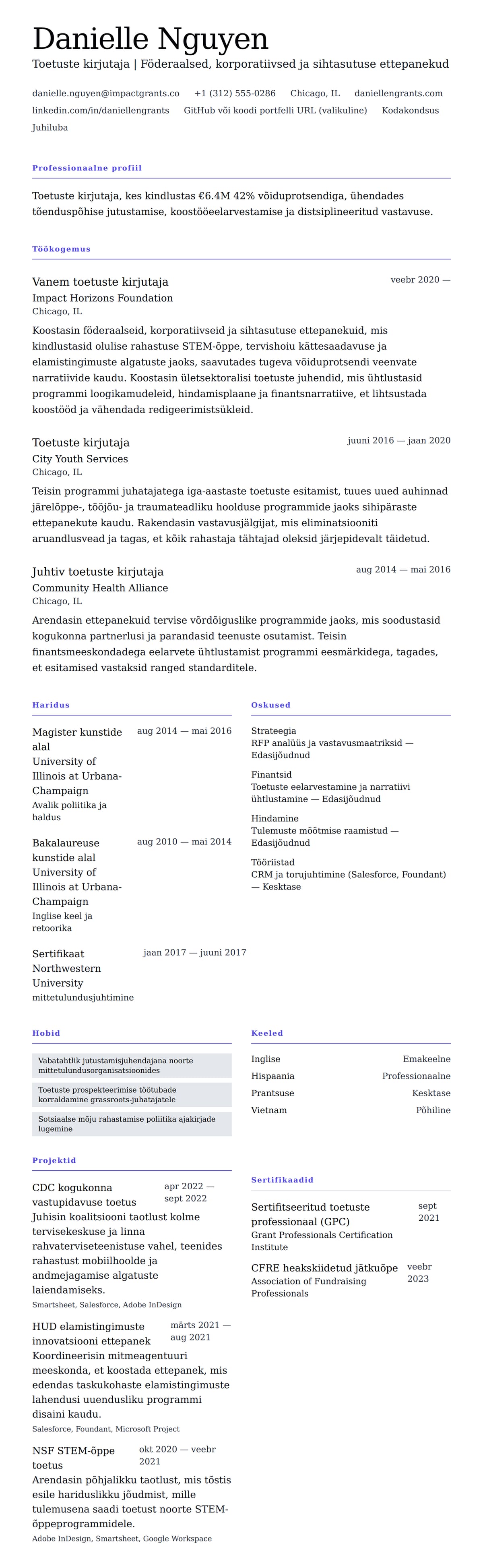 CV eelvaade Toetuste kirjutaja CV näide jaoks