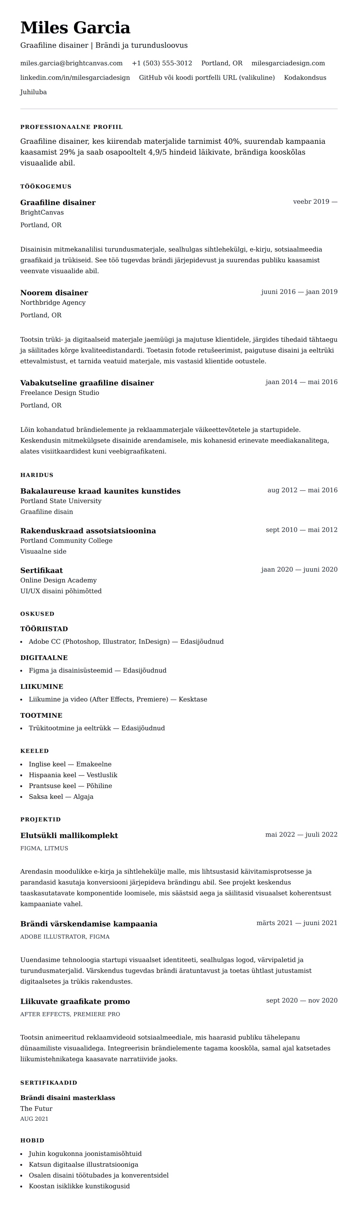 CV eelvaade Graafiline disaineri CV näide jaoks