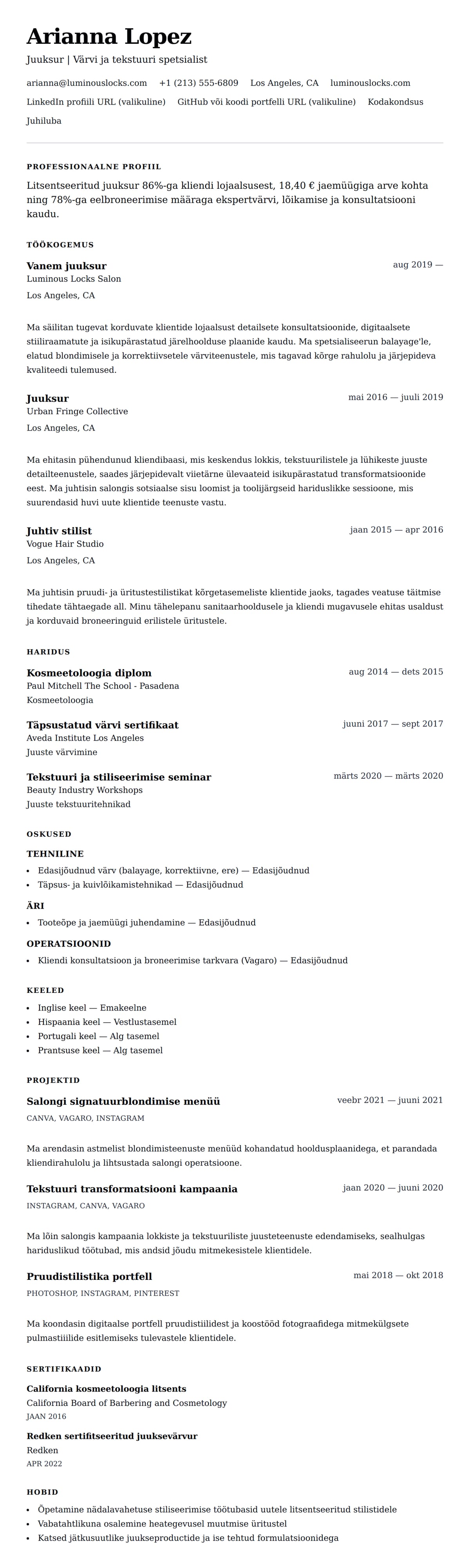 CV eelvaade Juuksuri CV näidis jaoks